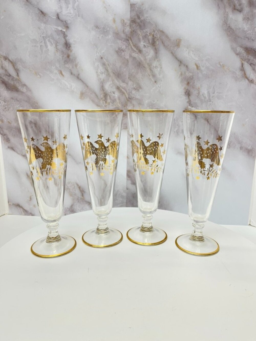 Set of 4 Vintage Gold Eagle Champagne Flutes or Pilsner Glasses Patriotic Design